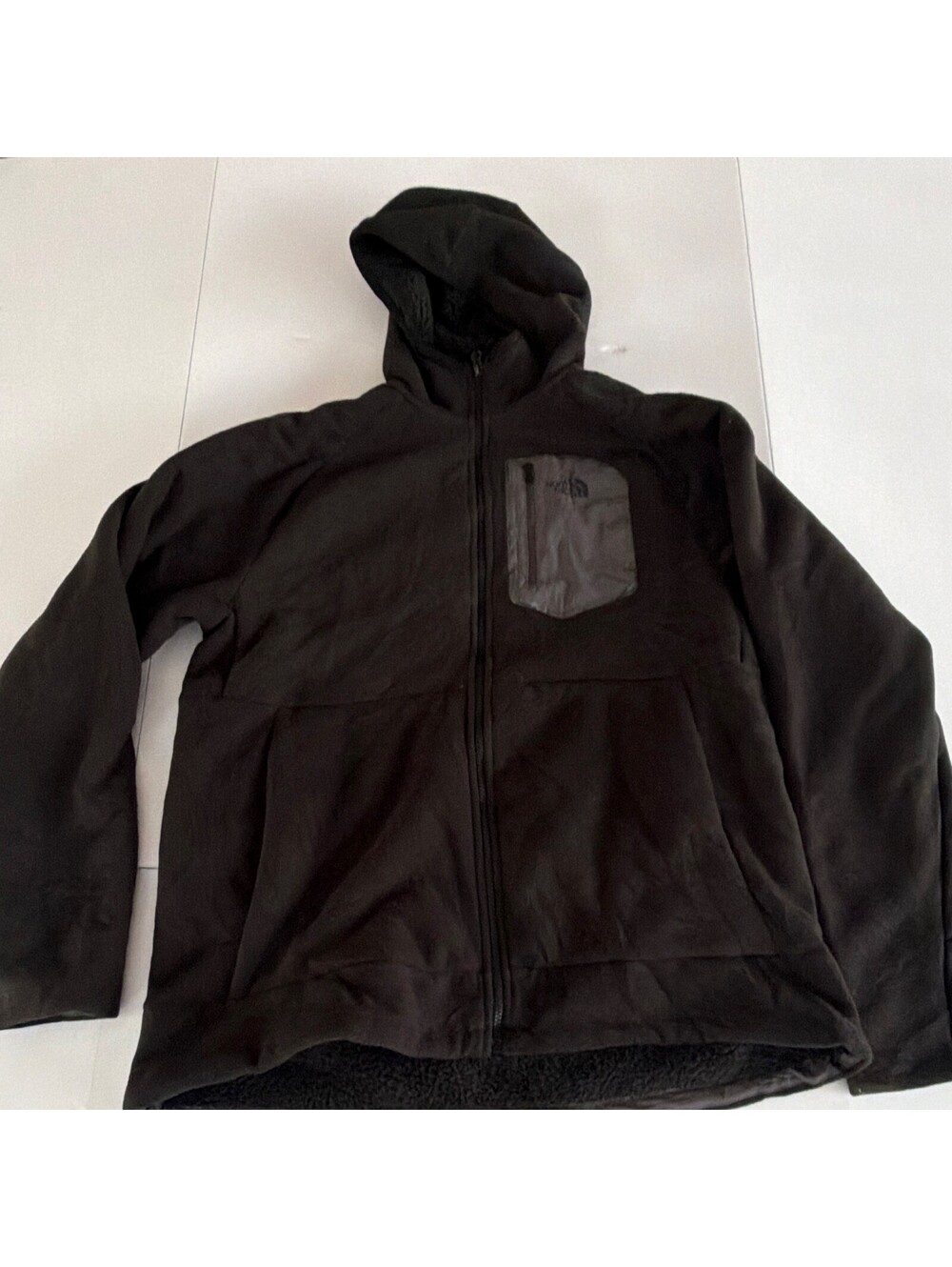 Damaged The North Face Men's Black Solid Hooded Full Zip Jacket Pockets Size XL